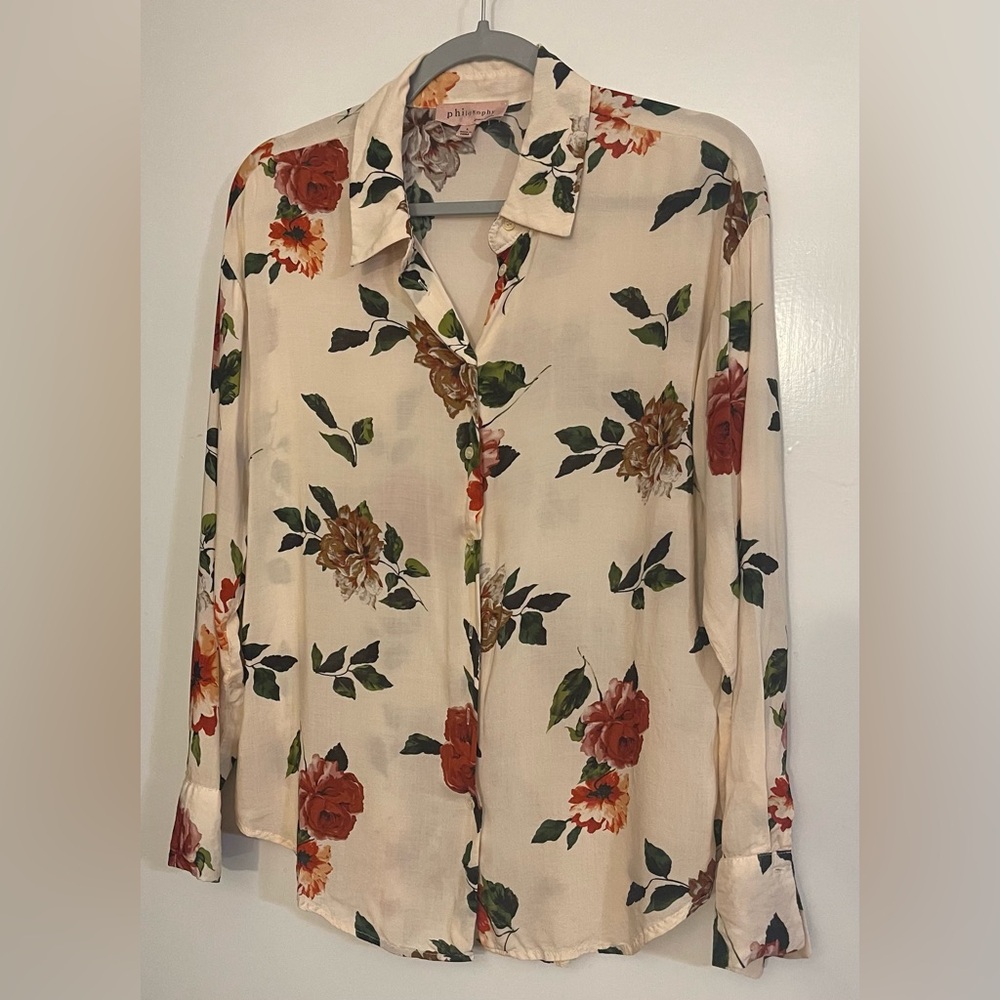 Philosophy Republic Clothing Ivory Rose Floral Button Down Shirt. Size Large